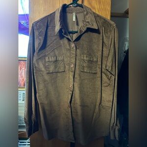 Brown Velvet Button-Up Shirt with Chest Pockets
